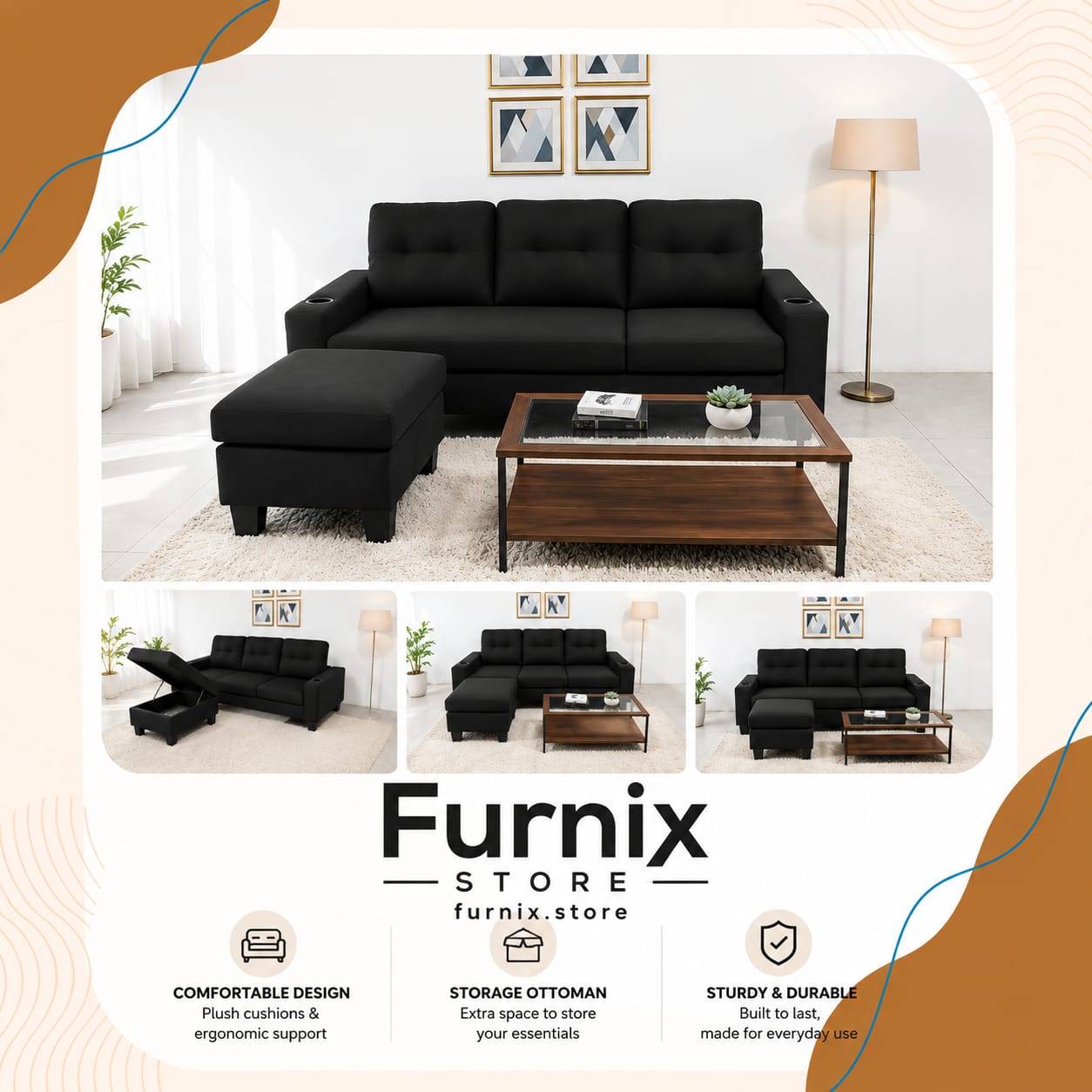 GREY AND BLACK  SECTIONAL SOFA 2 SEATER