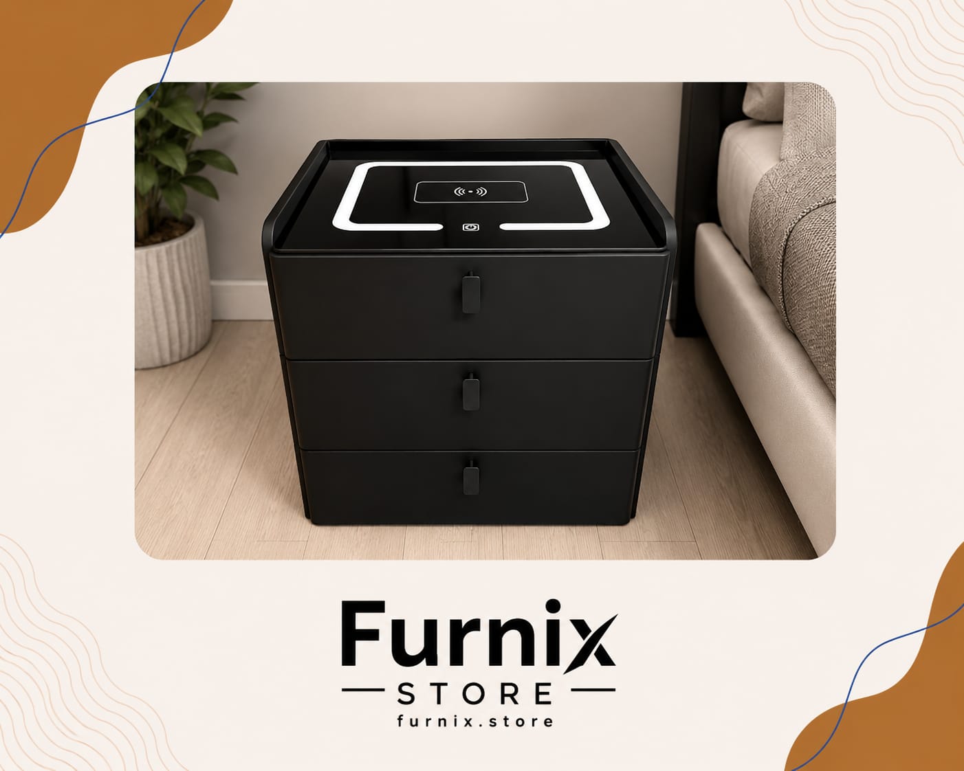 NEW BLACK & GREY PVC NIGHTSTAND - 3 DRAWER WITH FEATURE