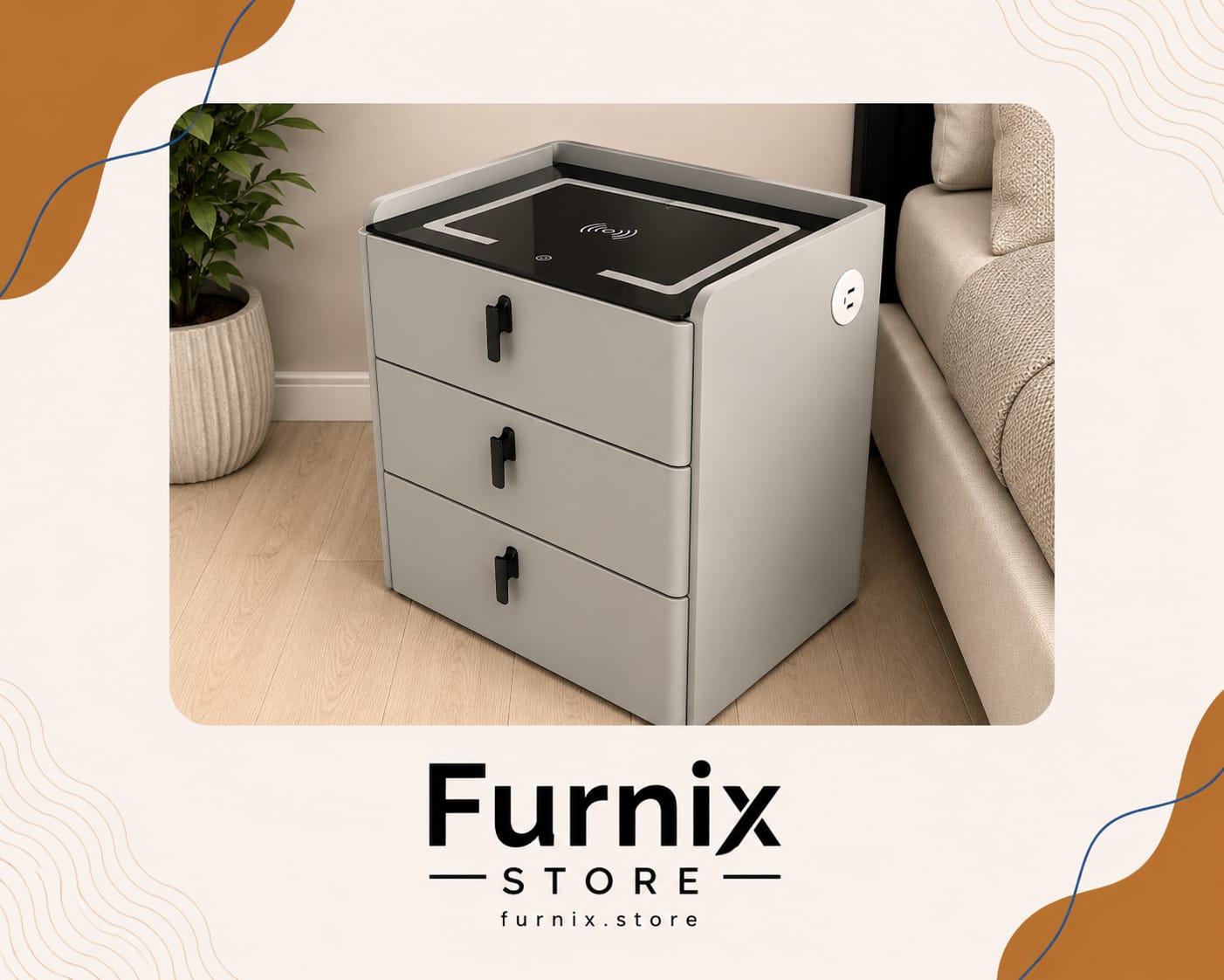 NEW BLACK & GREY PVC NIGHTSTAND - 3 DRAWER WITH FEATURE
