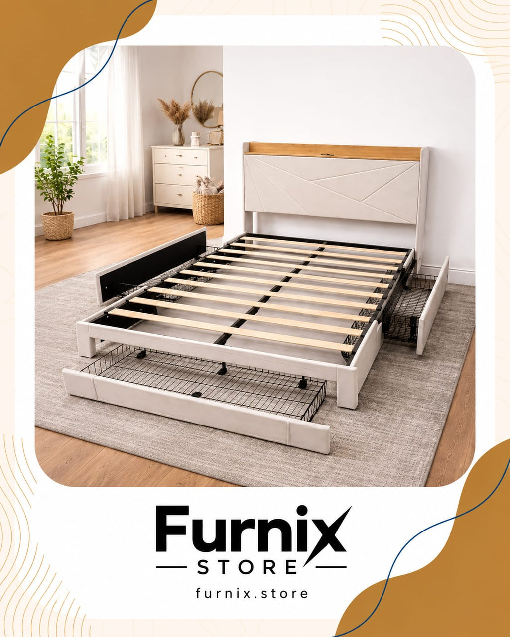 2 FRONT 2 SIDE DRAWER BEIGE AND GREY FRAME WITH LED AND CHARGING USB PORT