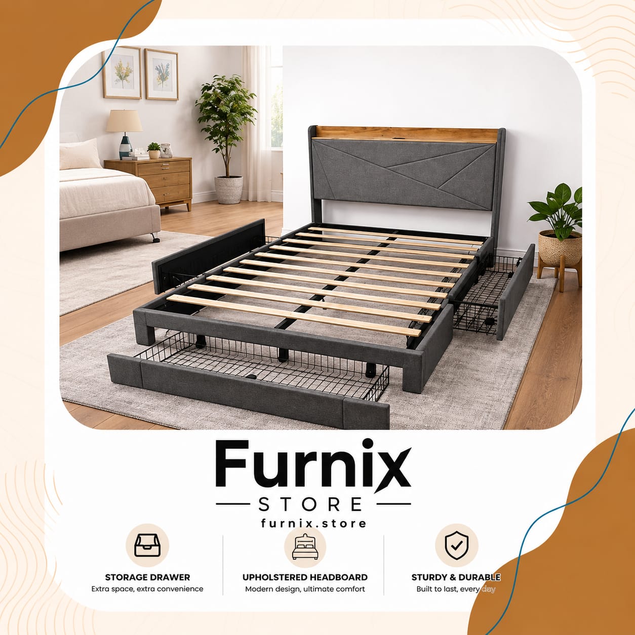 2 FRONT 2 SIDE DRAWER BEIGE AND GREY FRAME WITH LED AND CHARGING USB PORT