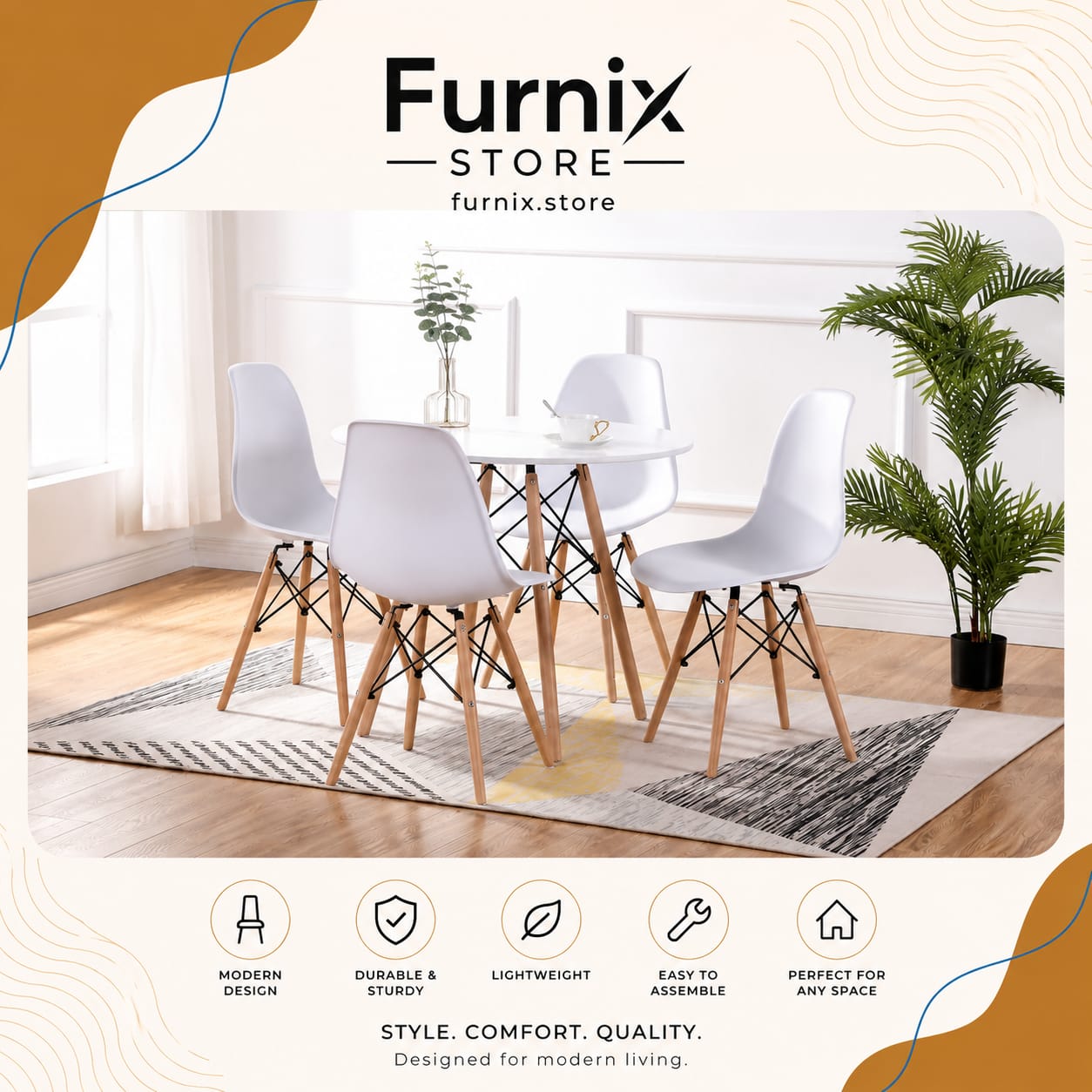 ROUND DINING TABLE AND 4 CHAIRS WHITE+ BLACK.