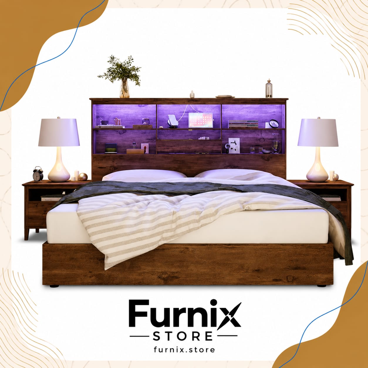 DYNAMIC BROWN 4 DRAWER WOOD FRAME LED LIGHT AND CHARGING PORT